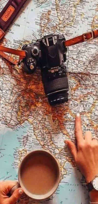 Coffee, camera, and map inspire travel.