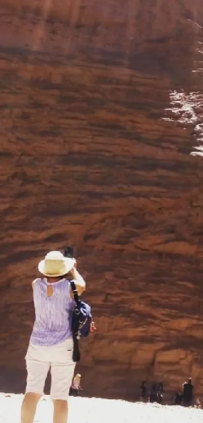 Traveler photographs a vast sandstone canyon.