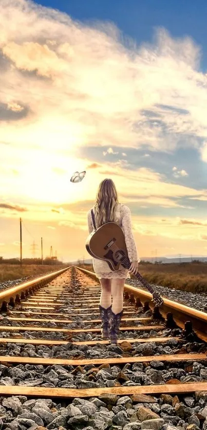 Woman walking railroad tracks towards sunset, carrying a guitar.