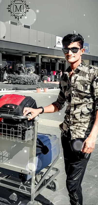 Traveler in camouflage with luggage outdoors in bright sunlight.