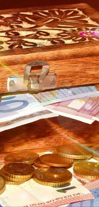 Wooden box overflowing with Euro notes and coins, showcasing wealth and luxury.
