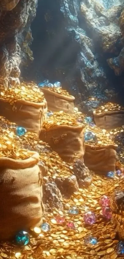 Fantasy cave with sacks of gold and colorful gems.