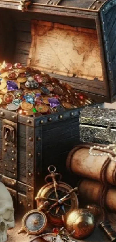 Treasure chest on beach with jewels and coins at sunset.