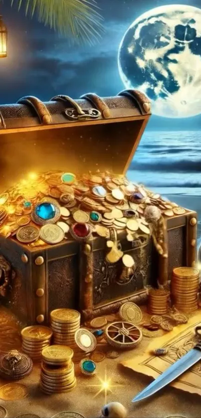 Treasure chest filled with gold coins under moonlit sky by the ocean.