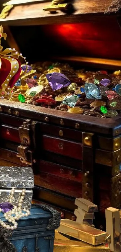Treasure chest filled with jewels and gold, vibrant fantasy art.