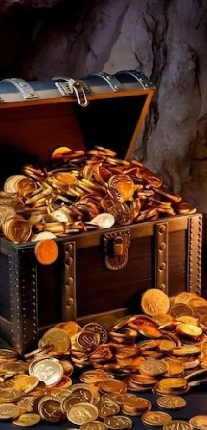 An open treasure chest overflowing with gold coins in a dimly lit cave.