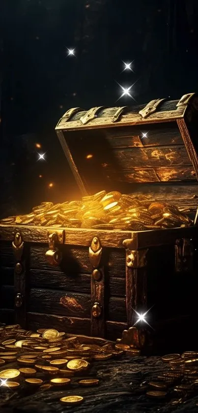 Open treasure chest filled with gold coins in a dark cave setting.