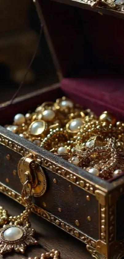 Open treasure chest with ornate gold jewelry.