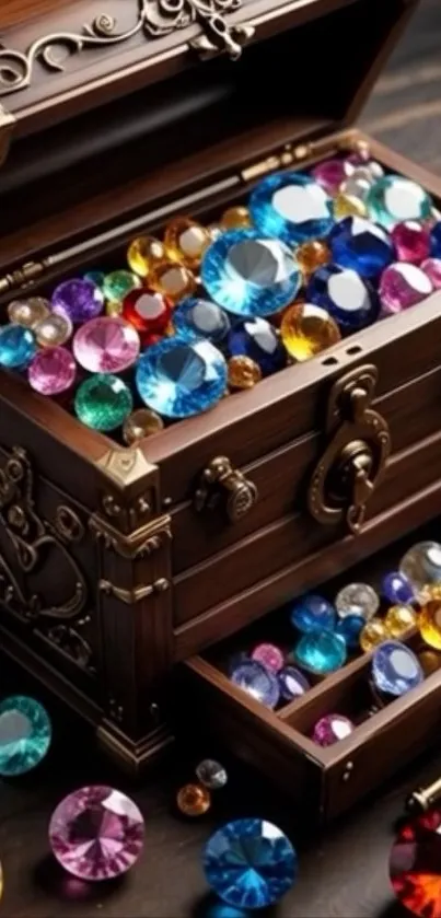 Open treasure chest filled with colorful gemstones and jewels.