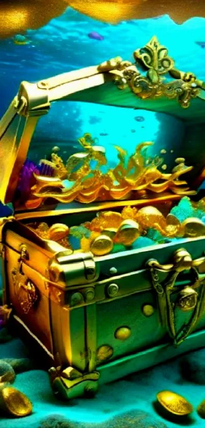 Vibrant underwater treasure chest with coins and jewels.