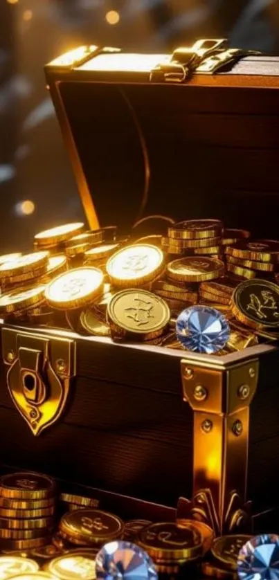 Treasure chest filled with gold coins and gemstones.