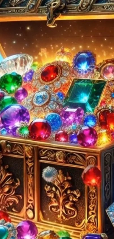 A treasure chest brimming with colorful gems and jewels.