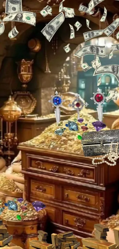 Mobile wallpaper of a treasure-filled cave with gold and jewels.