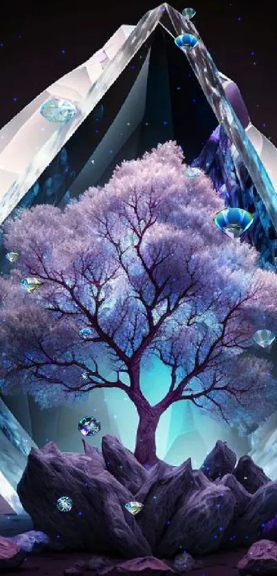 Fantasy tree in crystal with vibrant purple hues.