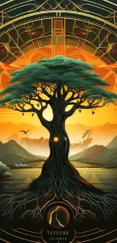 Artistic Tree of Life with celestial elements and sunset backdrop.