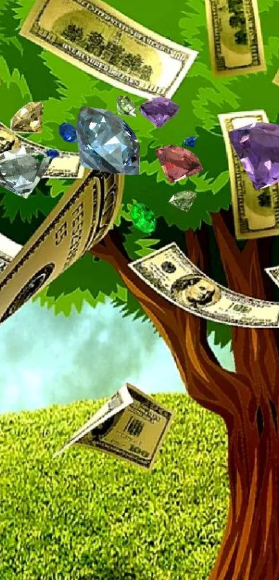 Colorful money tree with gems on a green backdrop.