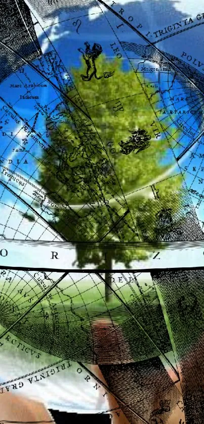 Wallpaper with tree reflection and map overlay design.