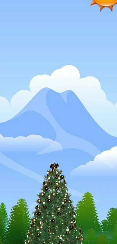 Festive Christmas tree with gifts in a scenic mountain landscape.