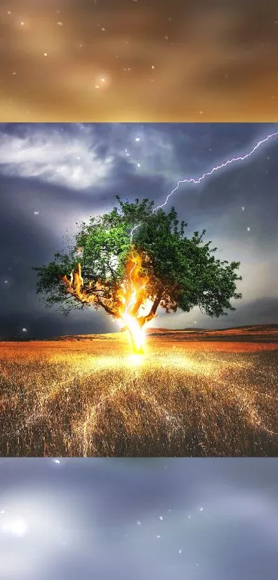 Tree struck by lightning in dramatic sky.