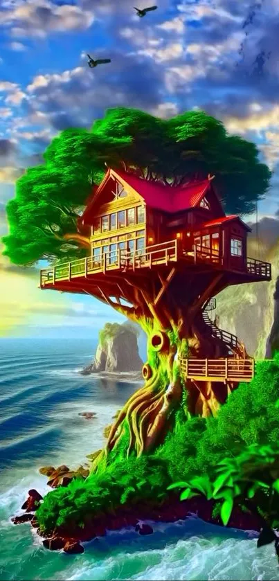 A beautiful treehouse overlooking the ocean at sunset.