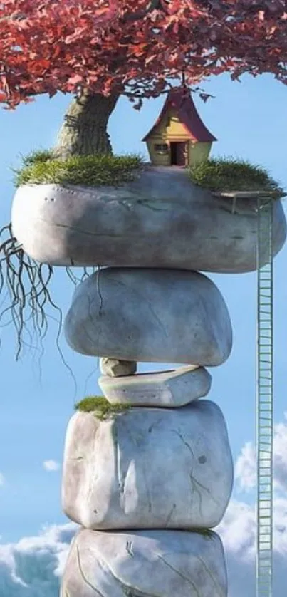 Whimsical treehouse atop stacked floating rocks against a dreamy sky.