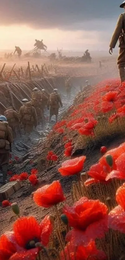 Soldiers marching through a poppy field at dawn during a historical war.