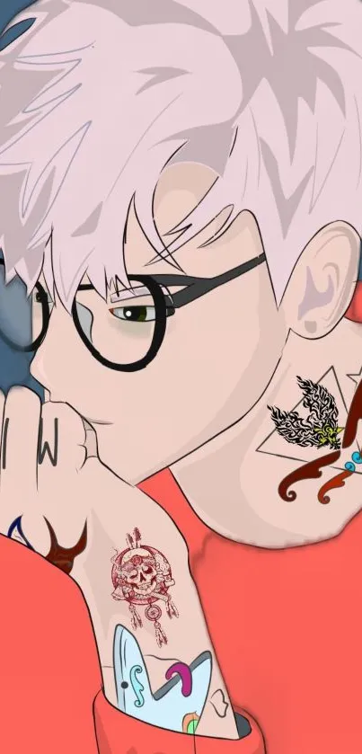 Anime character with tattoos and glasses in coral red scheme.