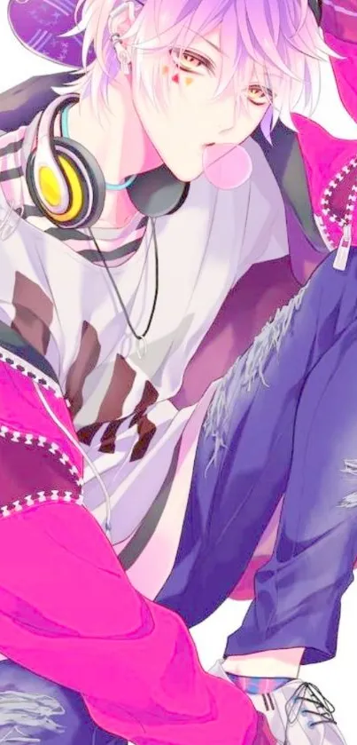 Anime character in pink streetwear with purple hair, wearing headphones.