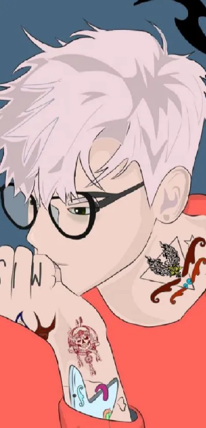 Anime character with tattoos and glasses in vibrant coral red outfit.