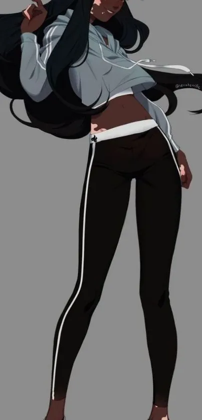 Stylish anime character in gray outfit with cap and sneakers.