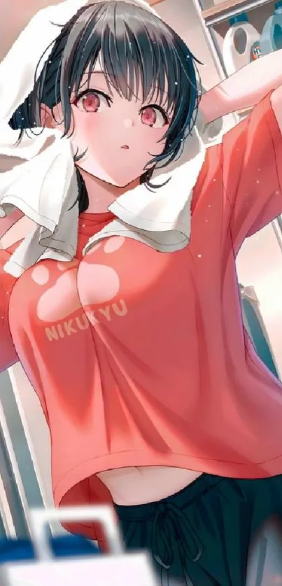 Anime girl with pink eyes in coral shirt.