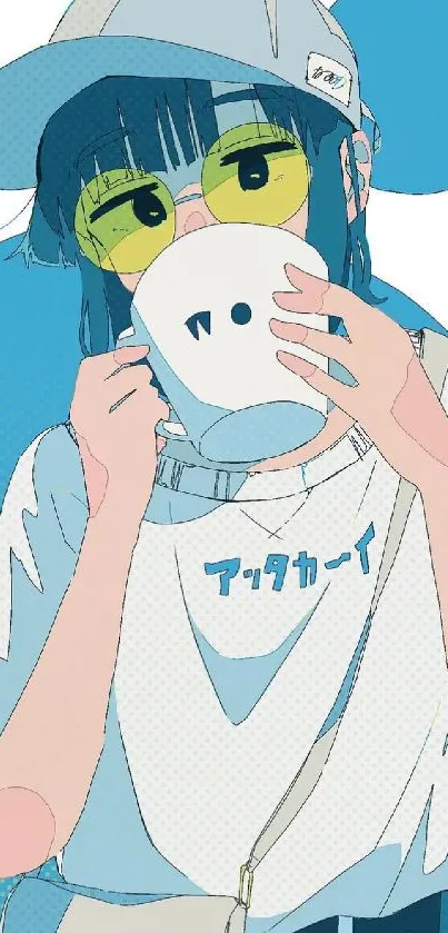 Trendy anime girl with sunglasses and cap in a blue-themed illustration.