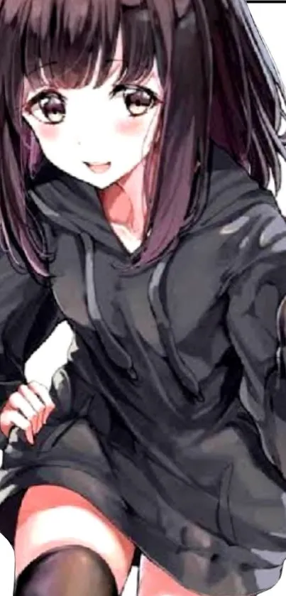 Anime girl in black hoodie, trendy design.