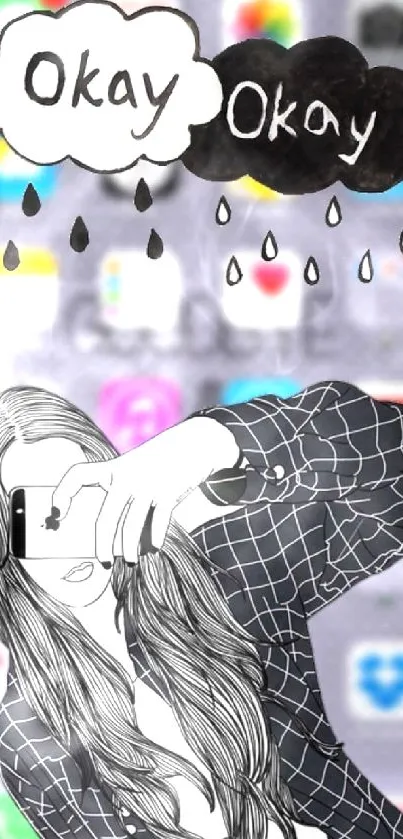 Artistic sketch of girl taking selfie with okay speech bubbles.