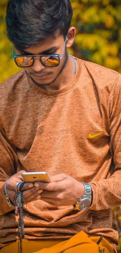 Young man with sunglasses using phone in an autumn setting.