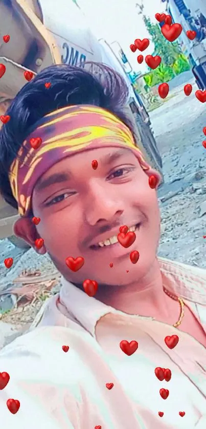 Stylish young man with bandana, smiling outdoors.