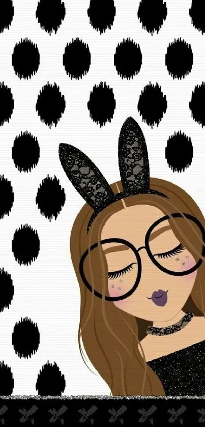 Stylish black and white wallpaper with a fashionable girl in glasses and bunny ears.