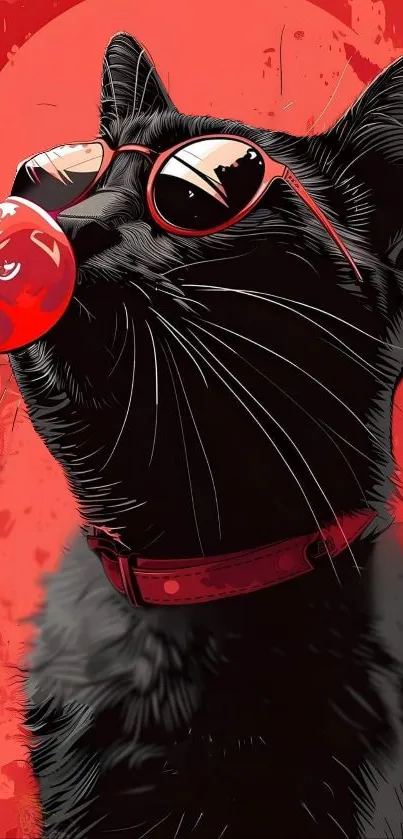 Stylish black cat with red sunglasses on vibrant background.