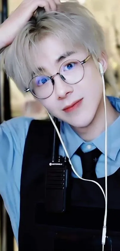 Stylish person in blue shirt with glasses and earphones.