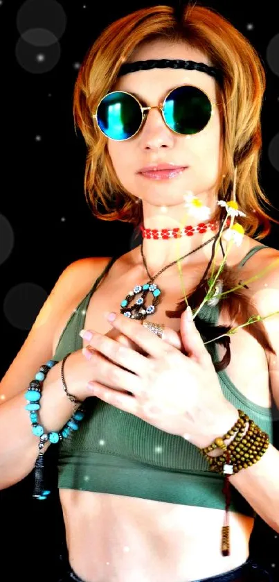 Woman in boho style with sunglasses and daisies against black background.
