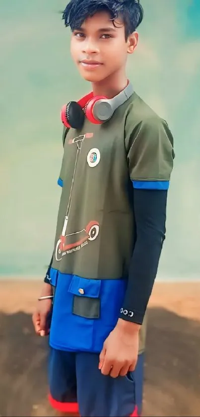 Young boy wearing headphones stylishly.