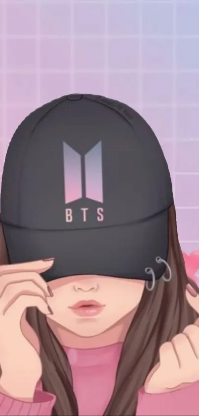 Artistic wallpaper of a person wearing a BTS cap on a pastel background.