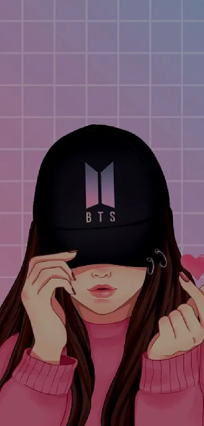 BTS inspired stylish girl with cap and heart gesture on a color gradient background.