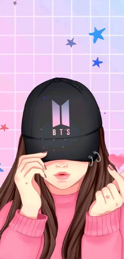 Anime girl with BTS hat and pink background wallpaper.