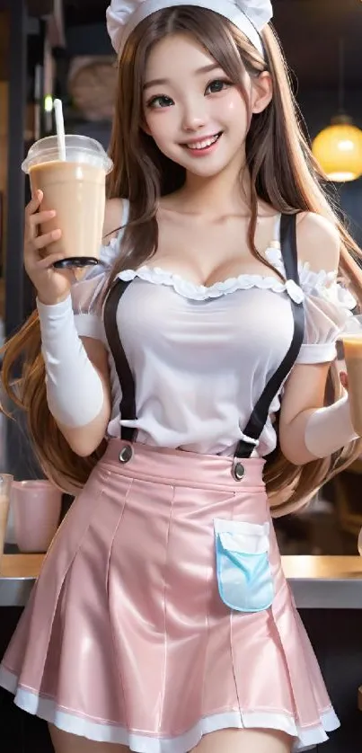Smiling girl in café with drinks, pink skirt.