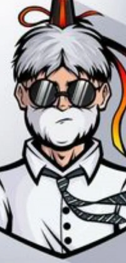 Anime cartoon character with sunglasses and tie on light gray background.