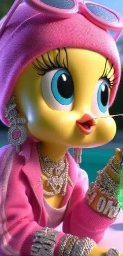 Trendy cartoon character with bling and pink attire drinking soda.