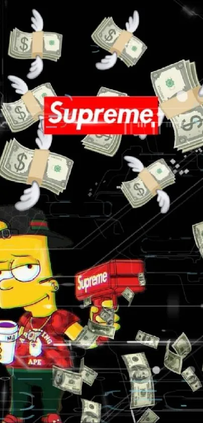 Cartoon character with cash and Supreme logo on black background.