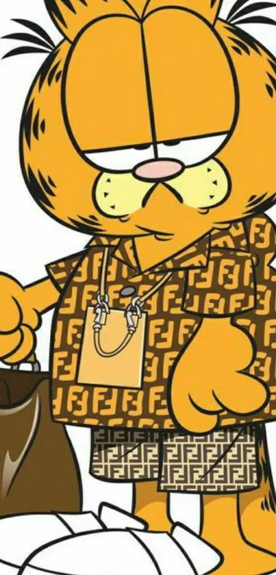 Trendy cartoon cat in fashionable outfit on mobile wallpaper.