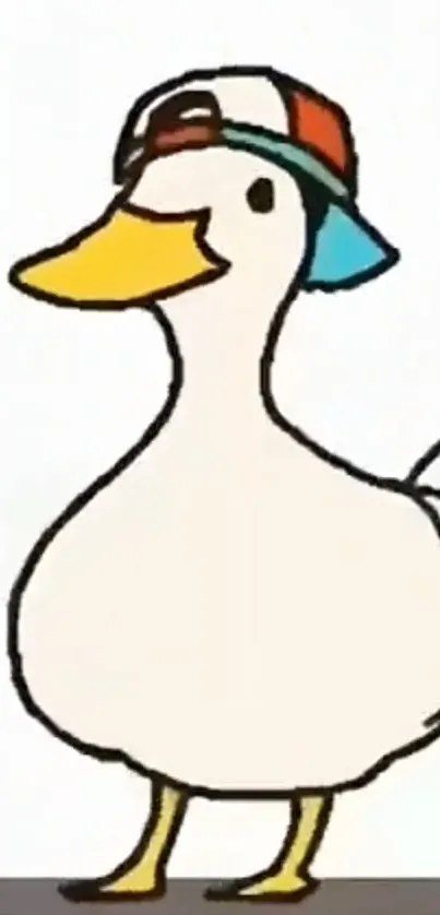 Cartoon duck in a colorful cap on white background.